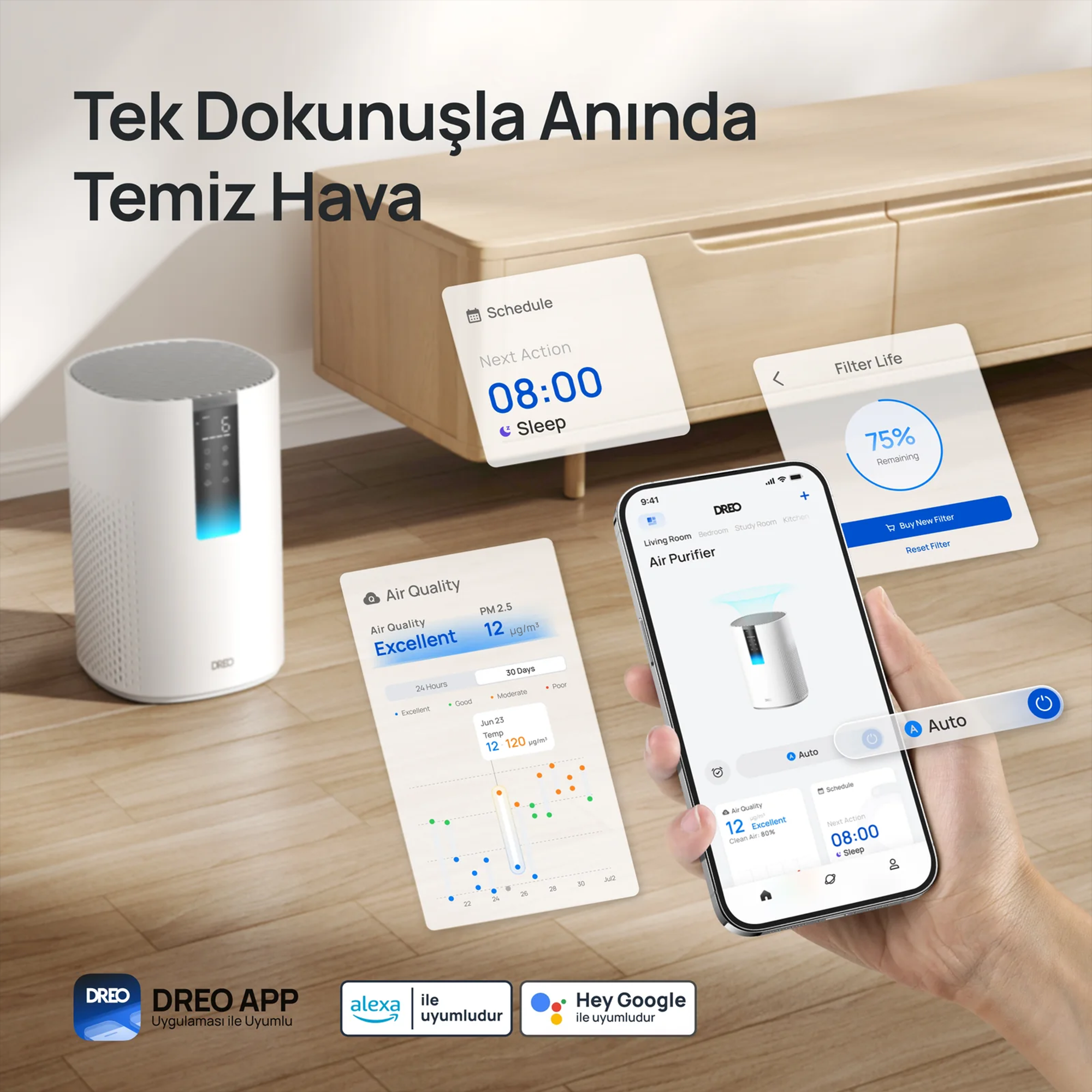 DREO Macro 605S Akıllı Hava Temizleyici – True HEPA, Sessiz Çalışma