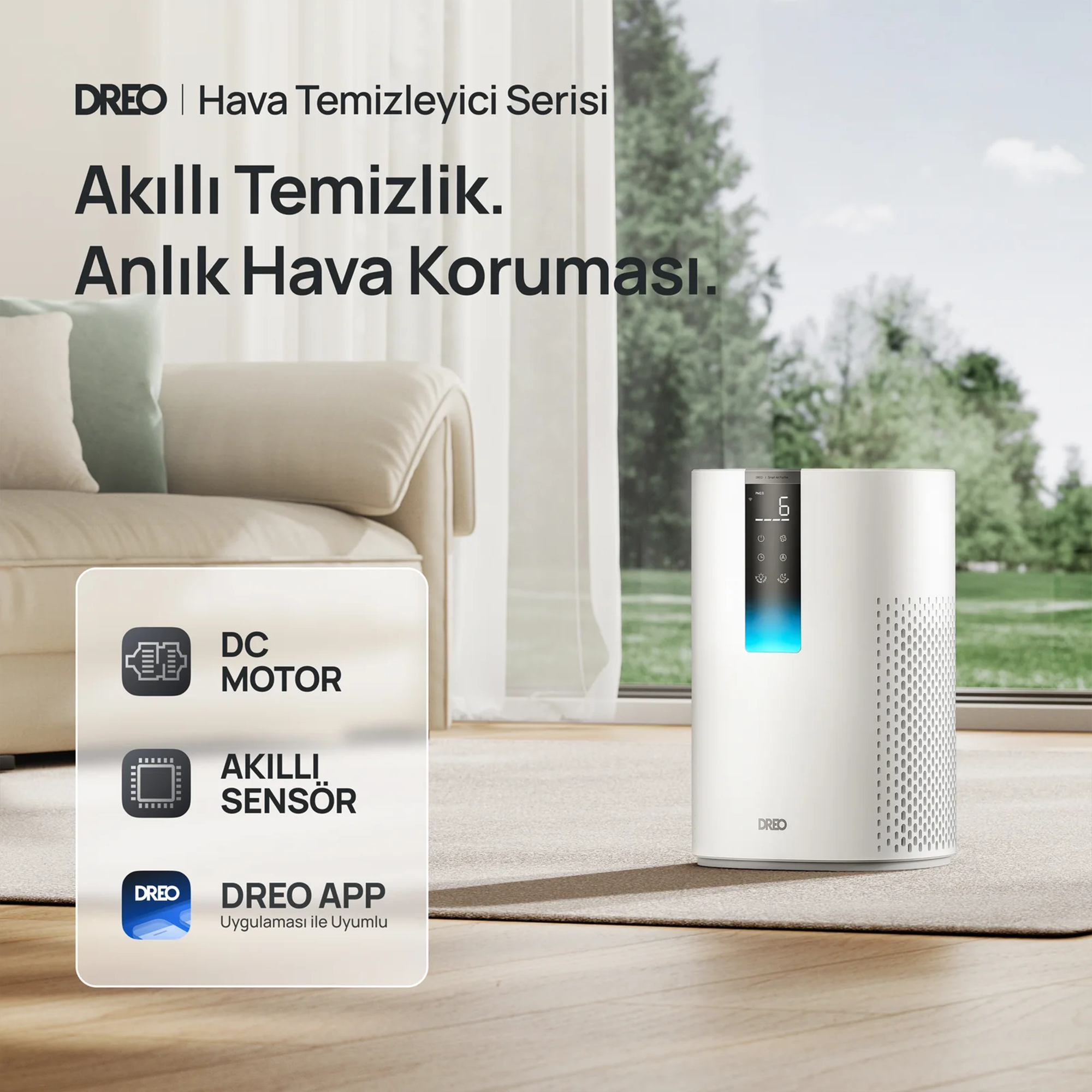 DREO Macro 605S Akıllı Hava Temizleyici – True HEPA, Sessiz Çalışma