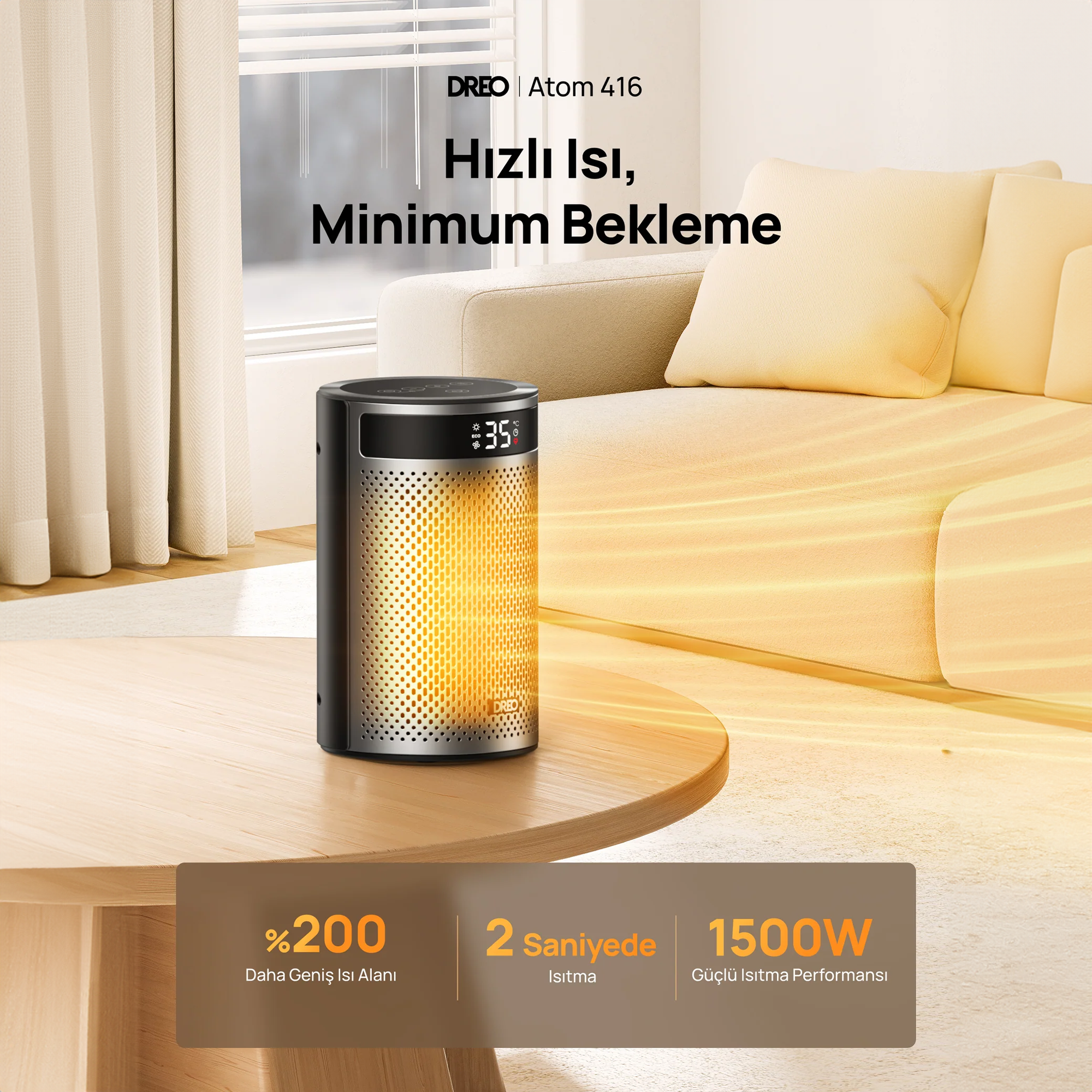 DREO Atom 416 Akıllı Elektrikli Isıtıcı – Hızlı Isıtma, Sessiz Çalışma, Enerji Tasarruflu Kompakt Tasarım