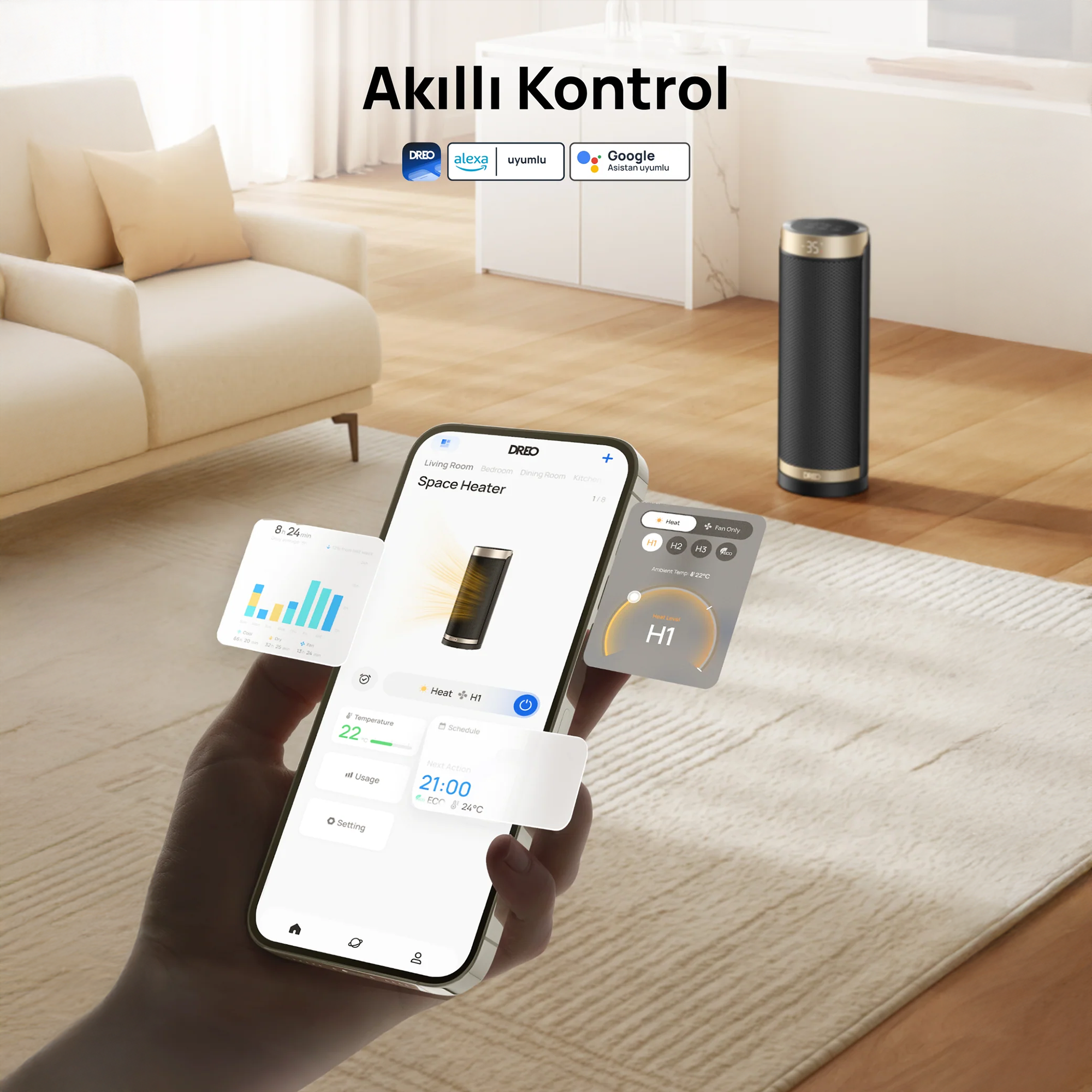 DREO Solaris Slim H3S Akıllı Elektrikli Isıtıcı – İnce Tasarım, Hızlı Isıtma, Sessiz ve Enerji Tasarruflu