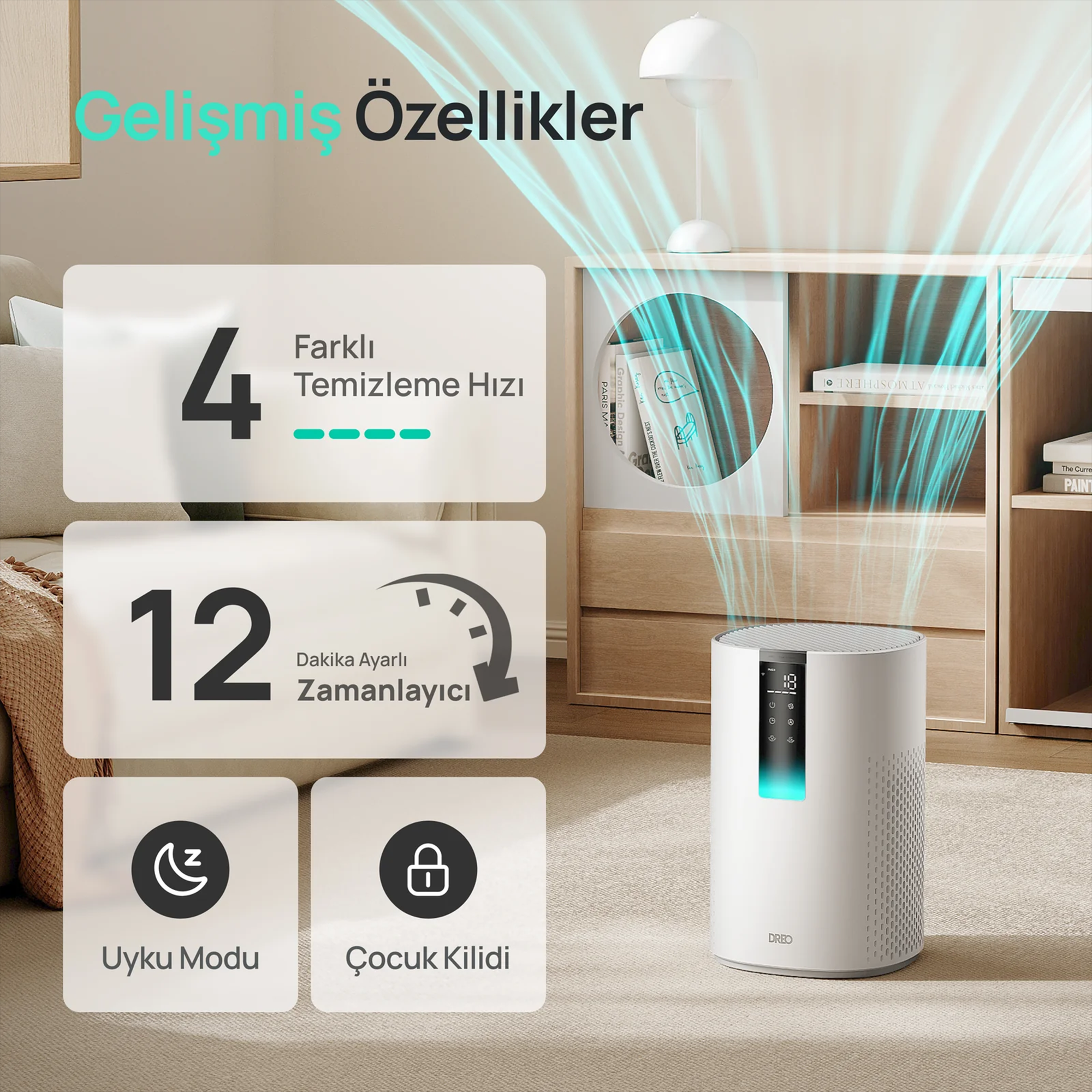 DREO Macro 605S Akıllı Hava Temizleyici – True HEPA, Sessiz Çalışma