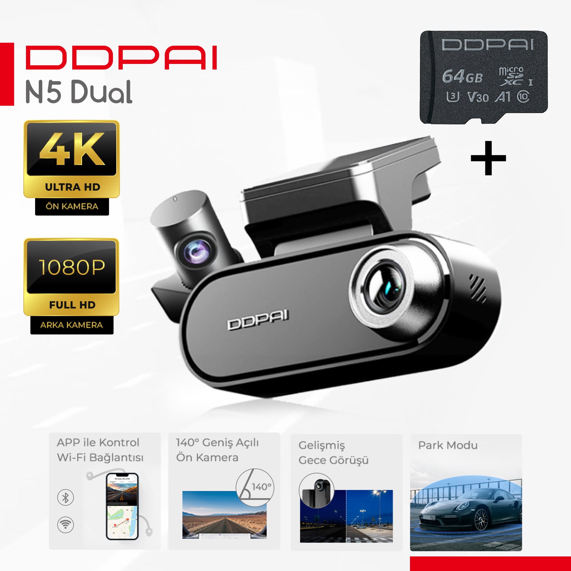 DDPAI N5 Dual GPS Araç İçi Kamerası + SD Card